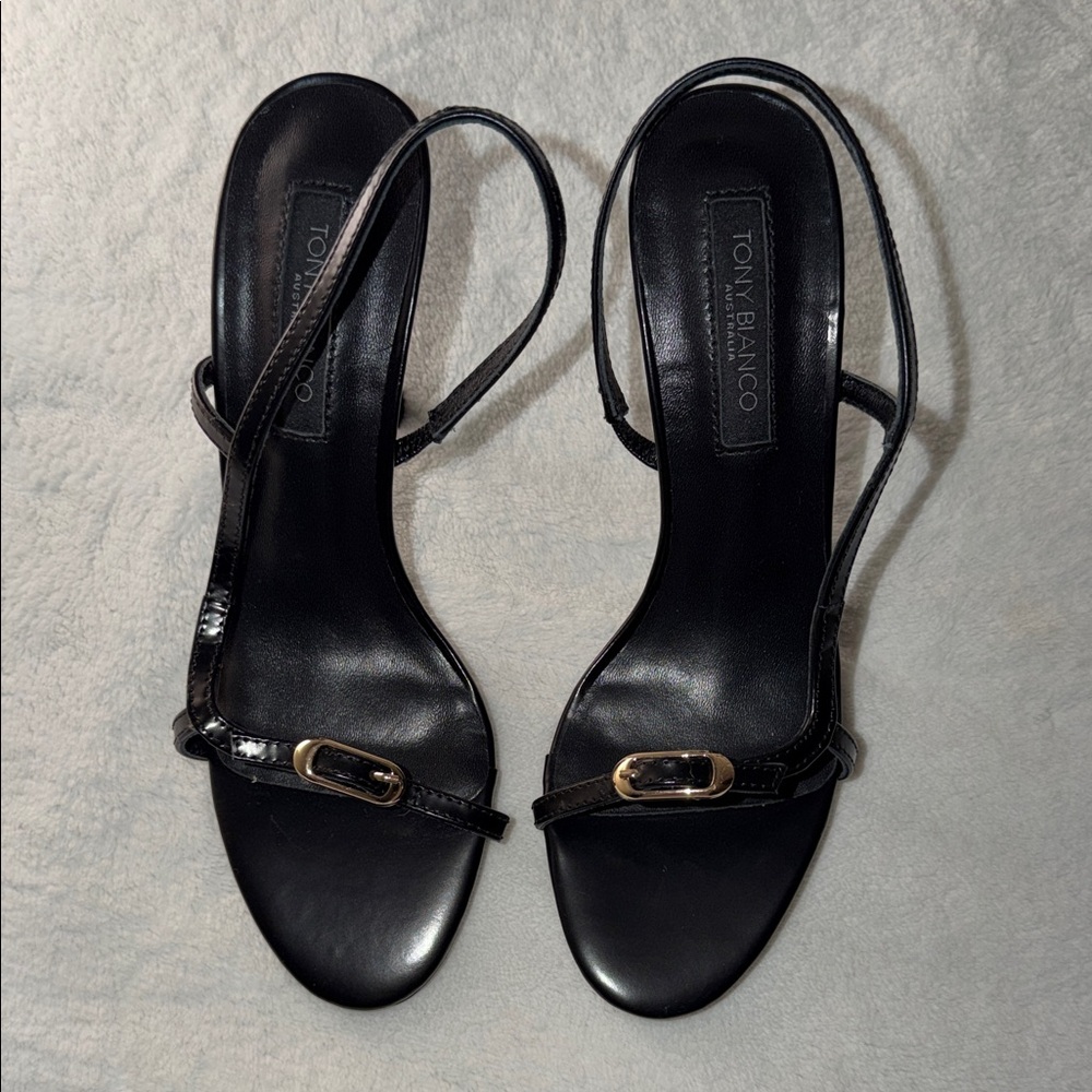 Tony Bianco Black Heeled Sandals with Gold Buckle